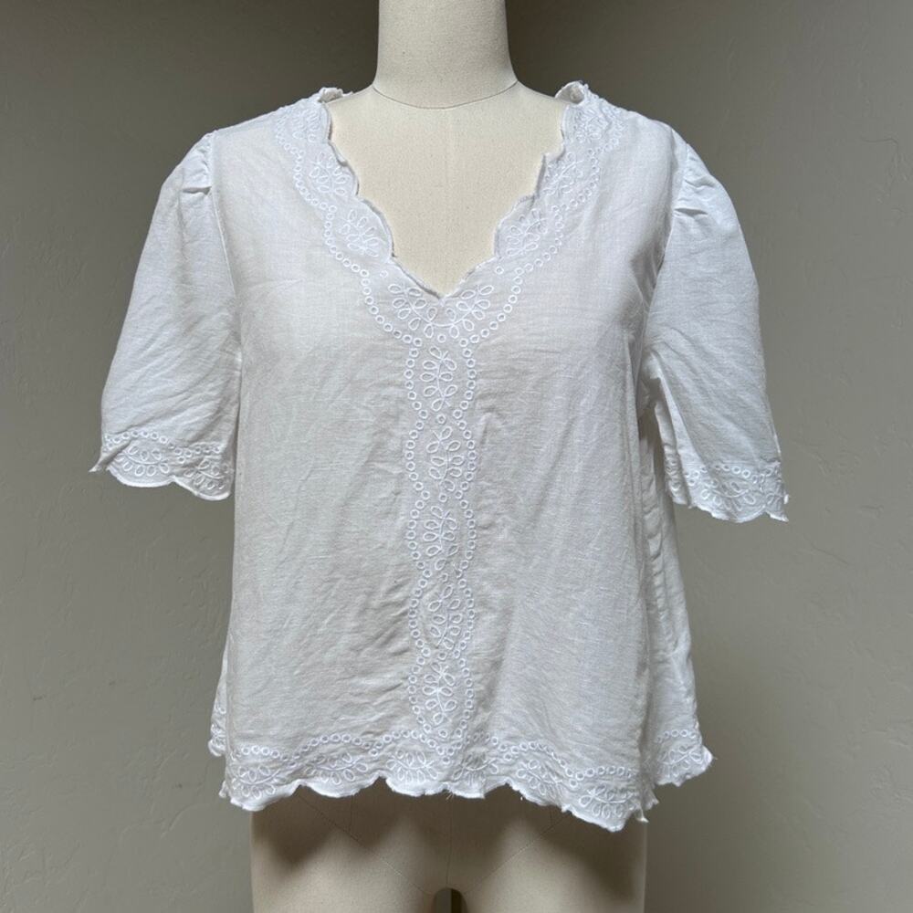 Joie Linen Cotton Eyelet Embroidered Top White Scalloped Prairie French Girl M